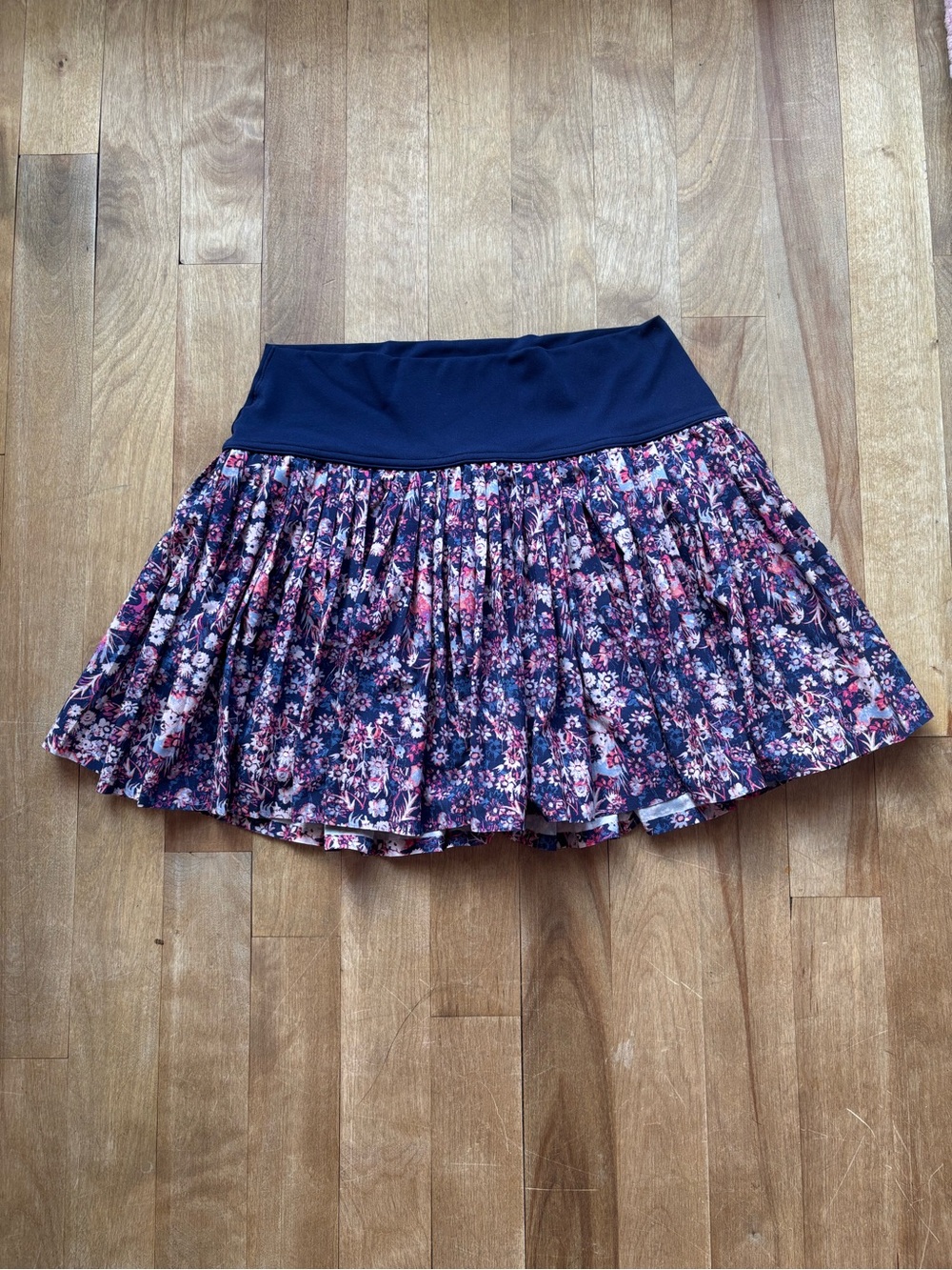 Offline by Aerie Navy Floral Pleated Skater Skirt with Pink Accents